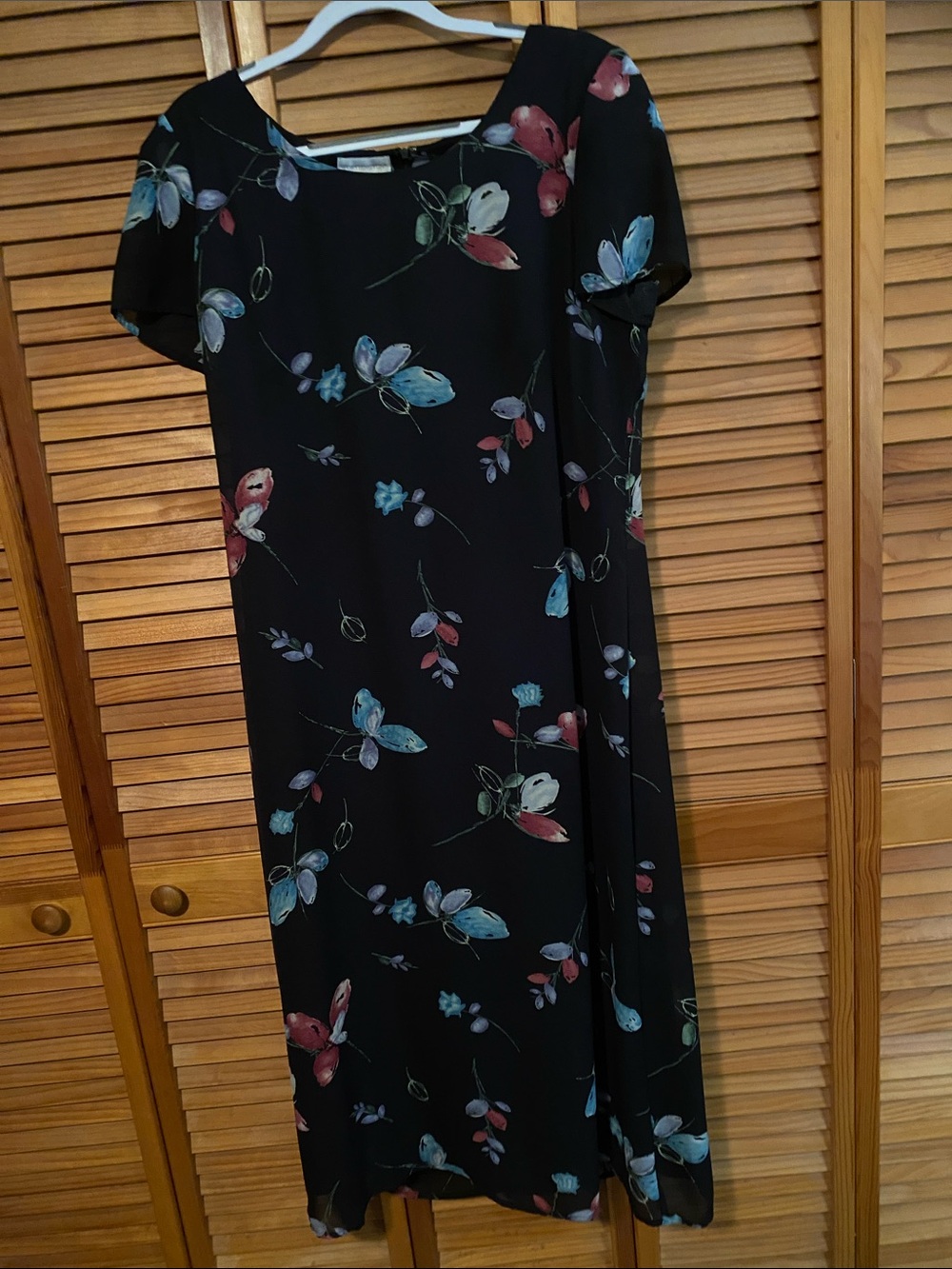 Worthington Black Midi Dress with Blue and Pink Floral Print